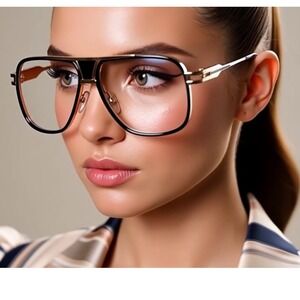 Luxury‎ Retro Glasses Gold Black Frame Clear Lens Square Oversized Women Eyewear